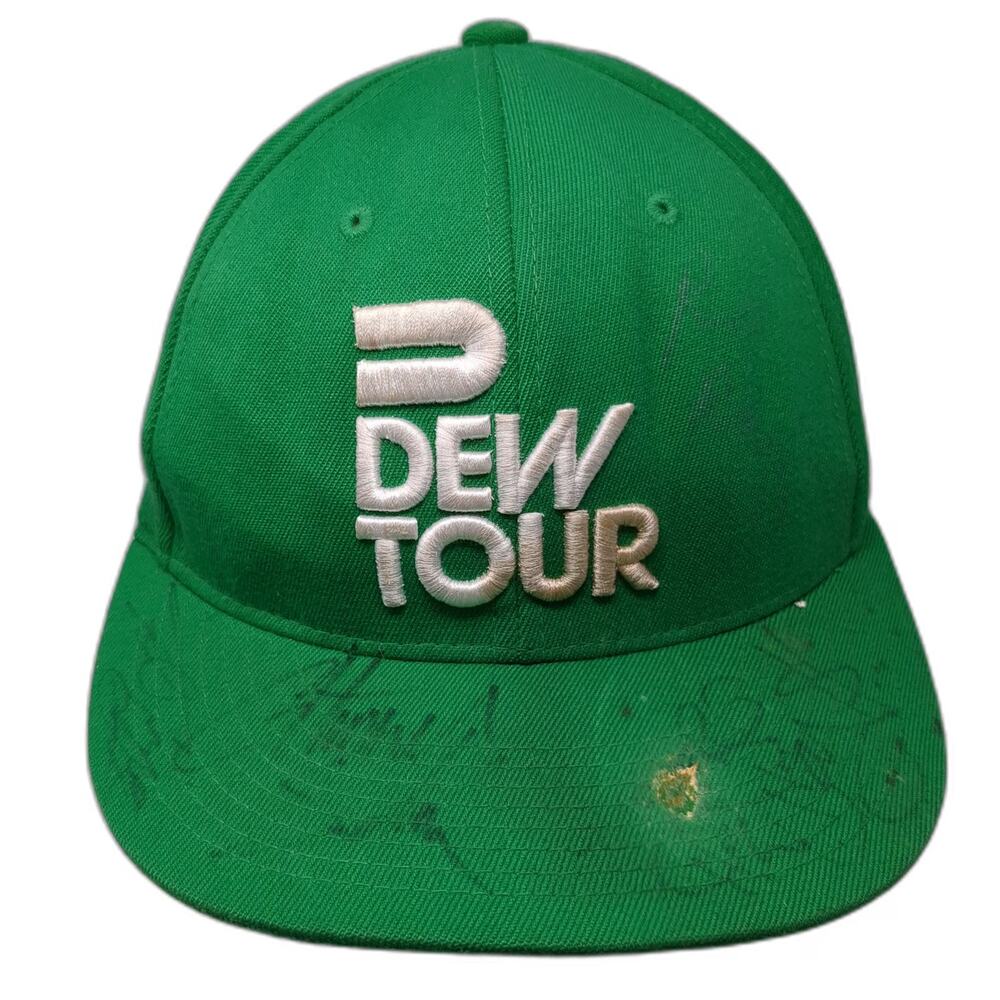 Flexfit Dew Tour Green 7 5/8 Baseball Cap Hat Autographed Signed Fitted Logo